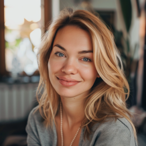 Femme souriante cheveux blonds, intérieur lumineux.